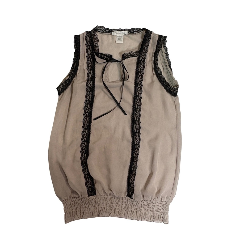 Charlotte Russe Lace Trim Sheer‎ Blouse Womens Small Tan Black Smocked Hem Bow
